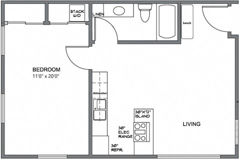 Floor plan for 1 bed, 1 bath, 594 sqft