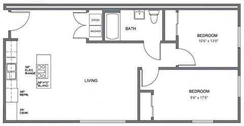 Floor plan for 2 beds, 1 bath, 803 sqft
