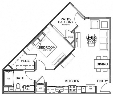 Floor plan for 1 bed, 1 bath, 701 sqft