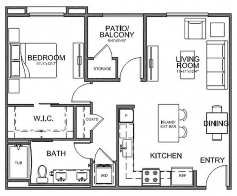 Floor plan for 1 bed, 1 bath, 731 sqft