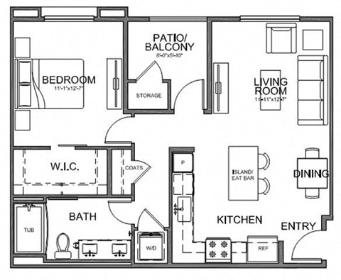 Floor plan for 1 bed, 1 bath, 741 sqft