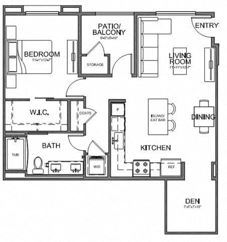Floor plan for 1 bed, 1 bath, 806 sqft