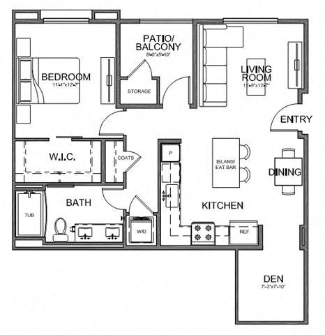 Floor plan for 1 bed, 1 bath, 811 sqft