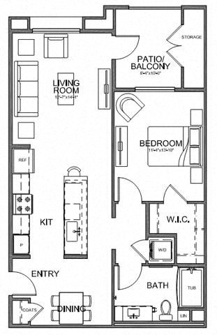 Floor plan for 1 bed, 1 bath, 856 sqft