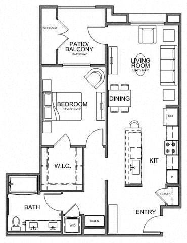 Floor plan for 1 bed, 1 bath, 909 sqft