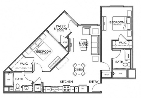 Floor plan for 2 beds, 2 baths, 1003 sqft