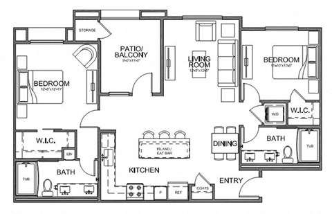 Floor plan for 2 beds, 2 baths, 1076 sqft