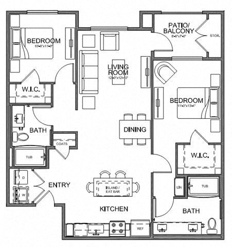 Floor plan for 2 beds, 2 baths, 1133 sqft