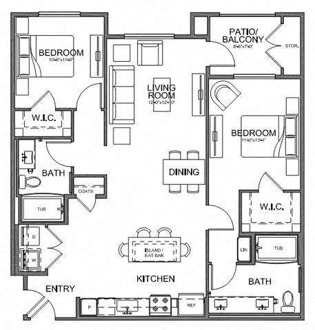 Floor plan for 2 beds, 2 baths, 1173 sqft