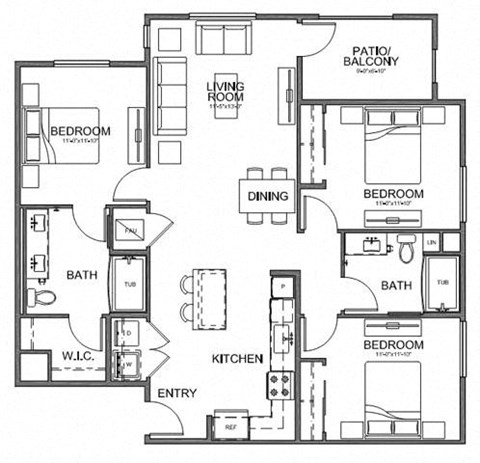 Floor plan for 3 beds, 2 baths, 1334 sqft