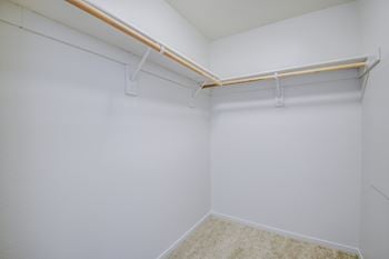 A walk in closet with white walls and gray carpet