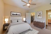 Porter Ranch apartment for rent - a bedroom with a large bed, ceiling fan, and walk-in closet at Ventana Senior Apartments, Northridge, CA
