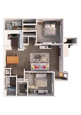 Floor plan for 2 beds, 2 baths, 975 sqft
