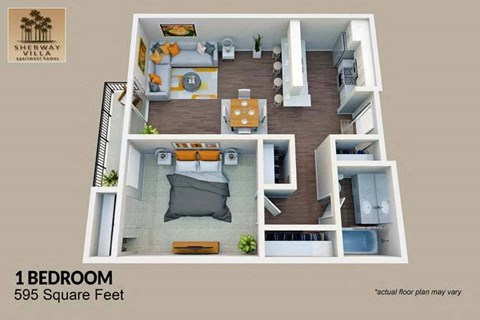Floor plan for 1 bed, 1 bath, 595 sqft