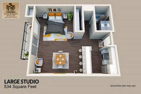 Floor plan for studio, 1 bath, 534 sqft