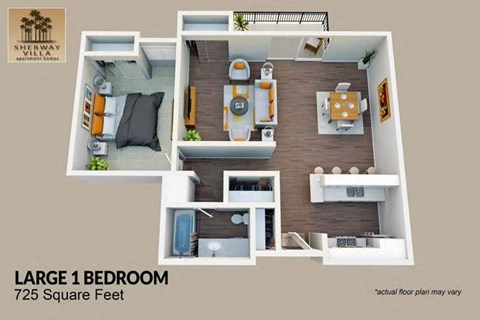 Floor plan for 1 bed, 1 bath, 725 sqft