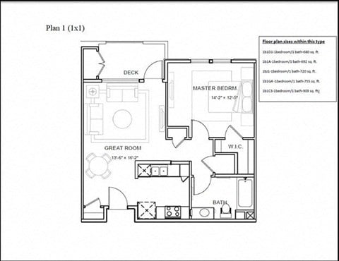 Floor plan for 1 bed, 1 bath, 696 sqft
