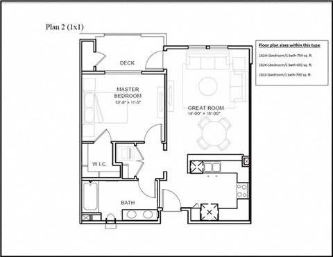Floor plan for 1 bed, 1 bath, 759 sqft