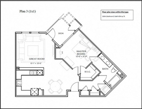 Floor plan for 1 bed, 1 bath, 854 sqft
