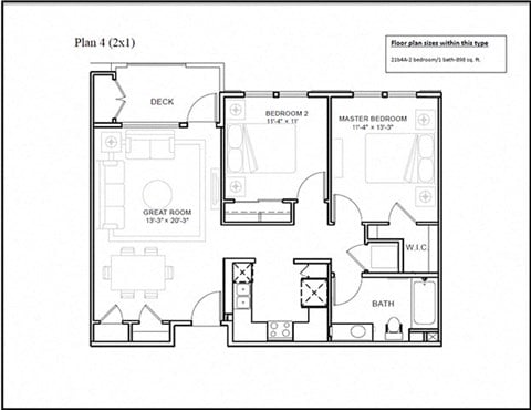Floor plan for 2 beds, 1 bath, 898 sqft