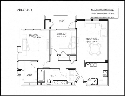Floor plan for 2 beds, 1 bath, 1008 sqft