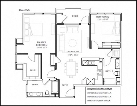 Floor plan for 2 beds, 2 baths, 1079 sqft