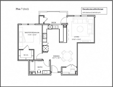 Floor plan for 1 bed, 1 bath, 820 sqft