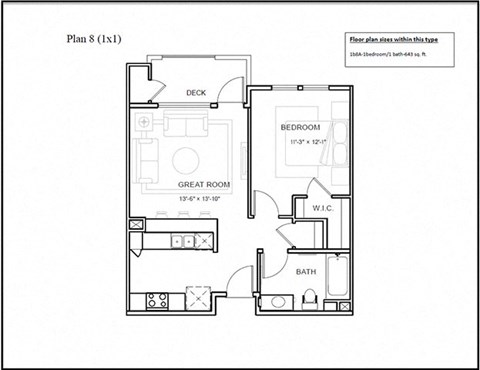 Floor plan for 1 bed, 1 bath, 643 sqft