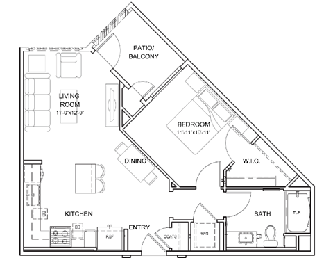 Floor plan for 1 bed, 1 bath, 700 sqft