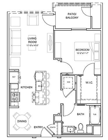 Floor plan for 1 bed, 1 bath, 789 sqft