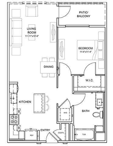 Floor plan for 1 bed, 1 bath, 831 sqft
