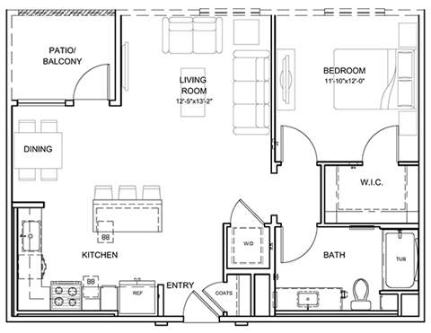 Floor plan for 1 bed, 1 bath, 837 sqft