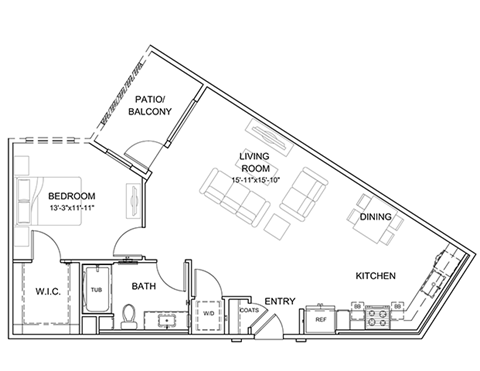 Floor plan for 1 bed, 1 bath, 894 sqft