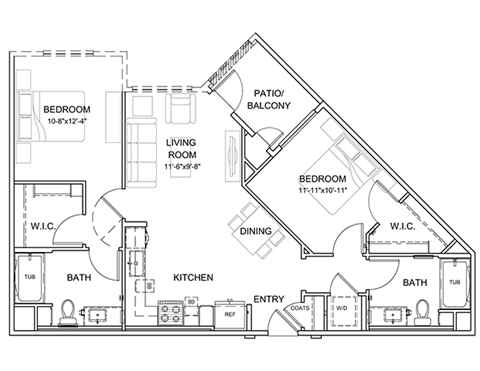 Floor plan for 2 beds, 2 baths, 1025 sqft