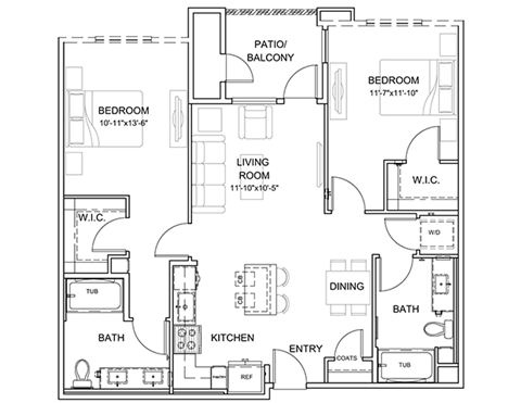 Floor plan for 2 beds, 2 baths, 1121 sqft