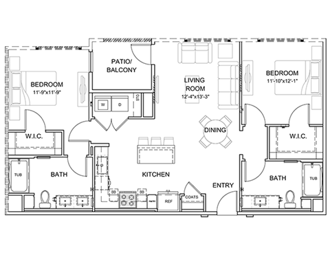 Floor plan for 2 beds, 2 baths, 1150 sqft