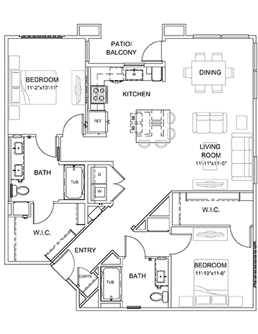 Floor plan for 2 beds, 2 baths, 1389 sqft