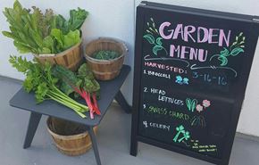 Venice apartment for rent - a sign for a garden menu next to baskets of vegetables