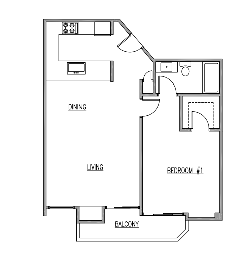 Floor plan for 1 bed, 1 bath, 770 sqft