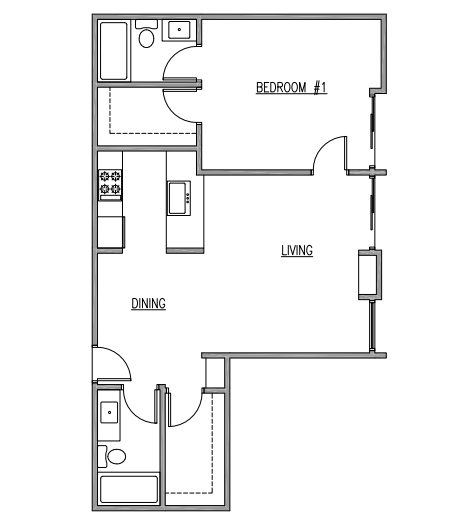Floor plan for 1 bed, 2 baths, 850 sqft