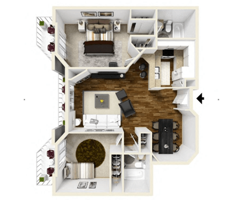 Floor plan for 2 beds, 2 baths, 1170 sqft