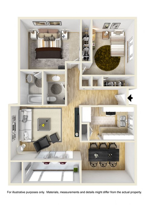 Floor plan for 2 beds, 1.5 baths, 905 sqft