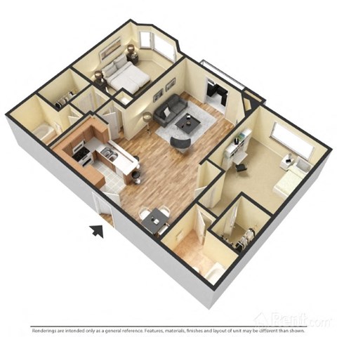 Floor plan for 2 beds, 2 baths, 960 sqft