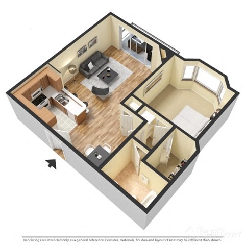 Floor plan for 1 bed, 1 bath, 700 sqft