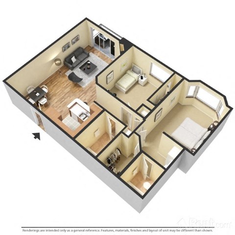 Floor plan for 2 beds, 2 baths, 960 sqft
