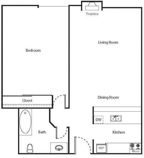 Floor plan for 1 bed, 1 bath, 653 sqft