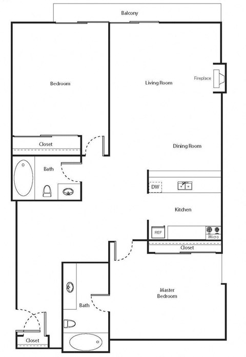 Floor plan for 2 beds, 2 baths, 830 sqft