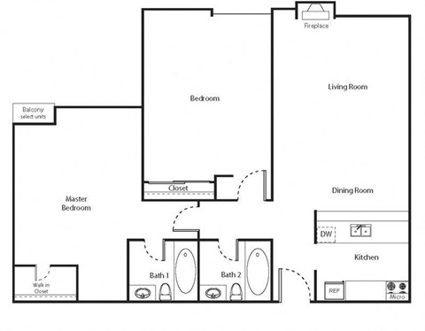 Floor plan for 2 beds, 2 baths, 935 sqft