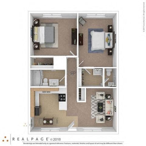 Floor plan for 2 beds, 2 baths, 1000 sqft