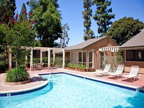 Lake Forest apartment for rent - a swimming pool with lounge chairs and trees in the background